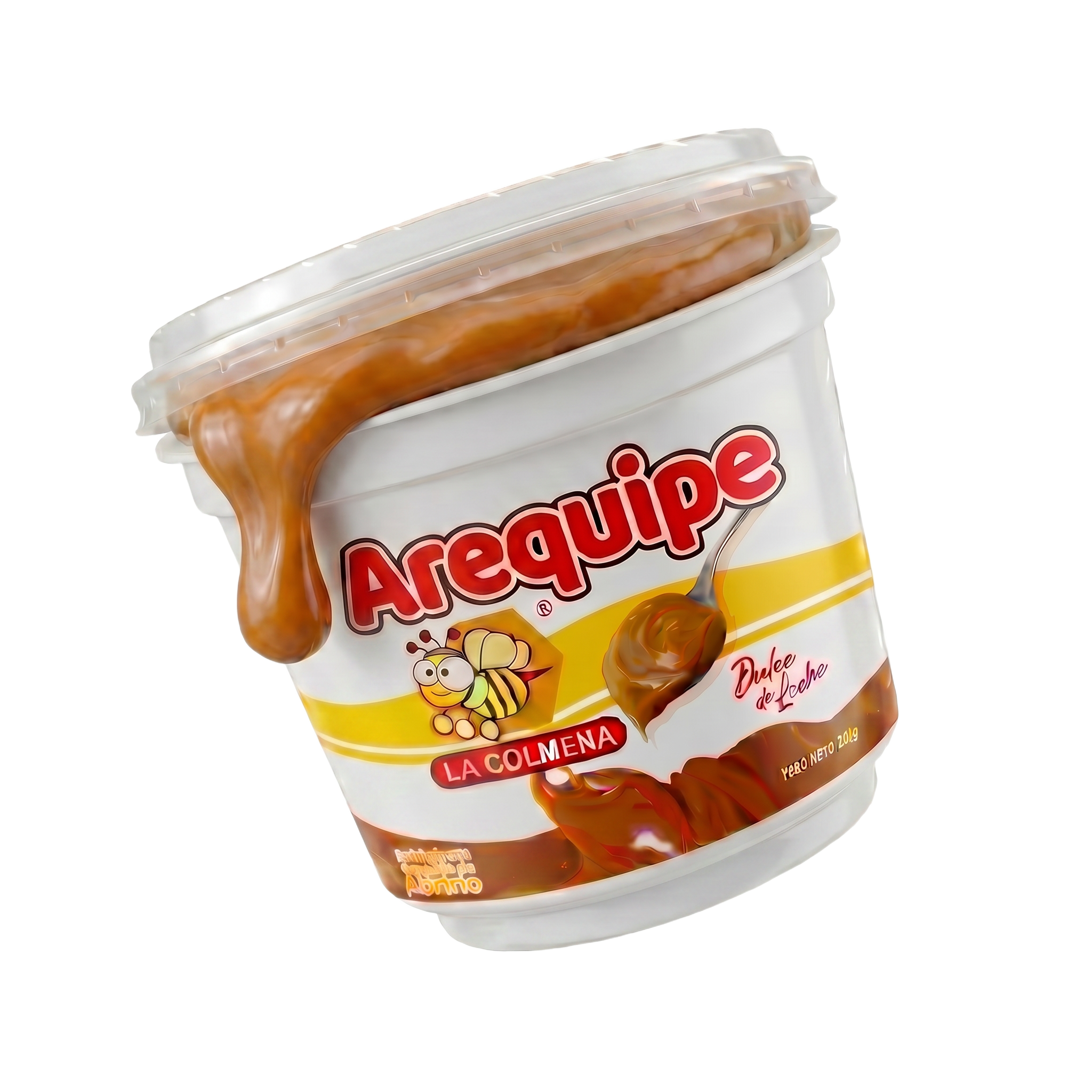 Arequipe La Colmena, tarro con arequipe cremoso y abejitas volando alrededor